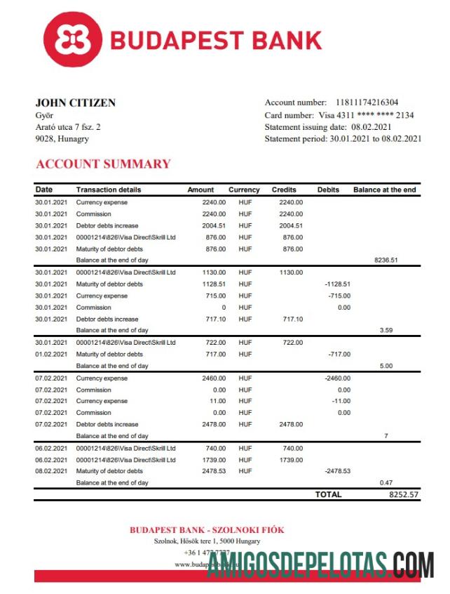 imprimível Hungria Budapest Bank – Szolnoki Fiók Extrato bancário modelo fácil de preencher em formato de arquivo .xls e .pdf